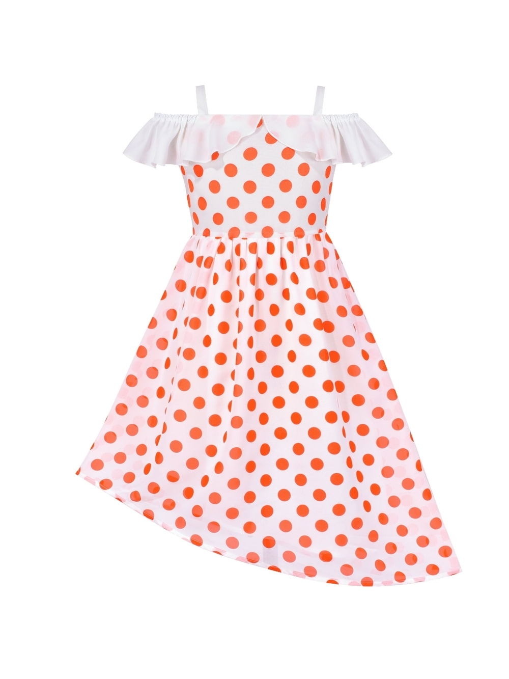 Flowy Orange Polka Dot Off-Shoulder Summer Chiffon Girls Dress Size 14
